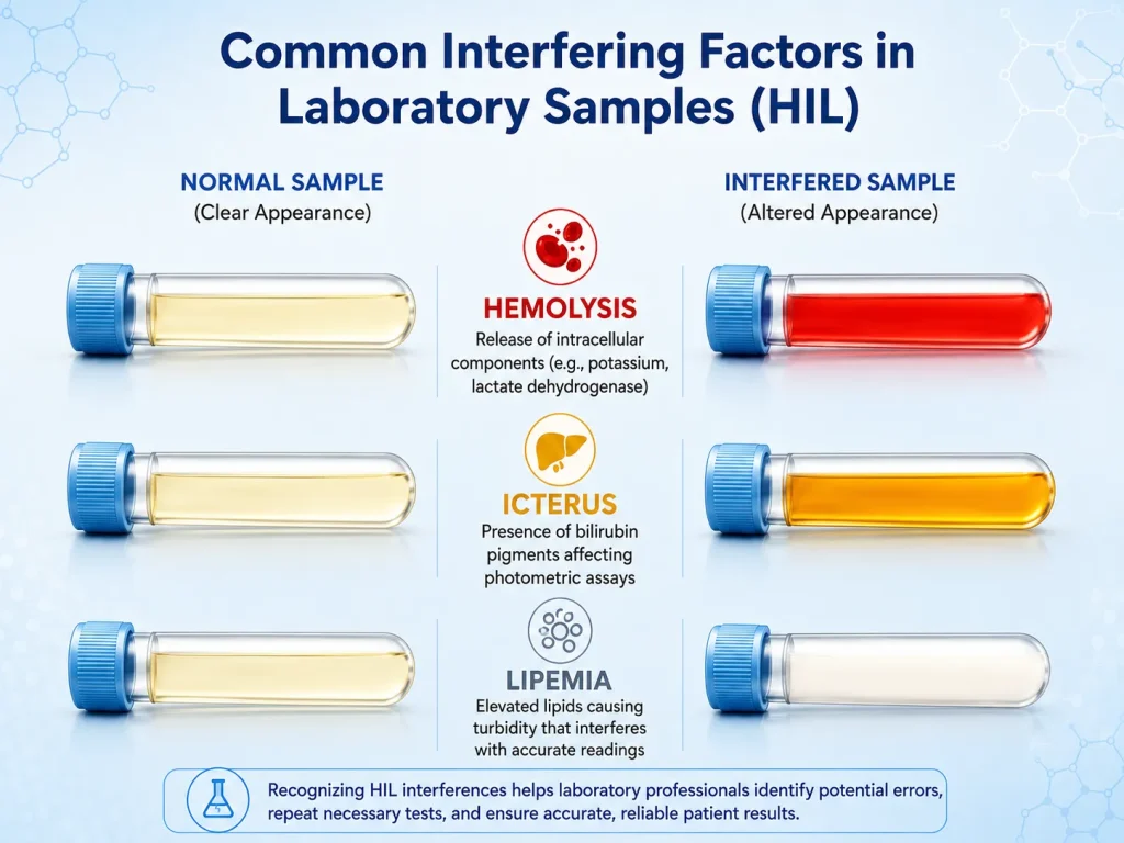icteric blood sample showing bilirubin discoloration alongside hemolysis and lipemia