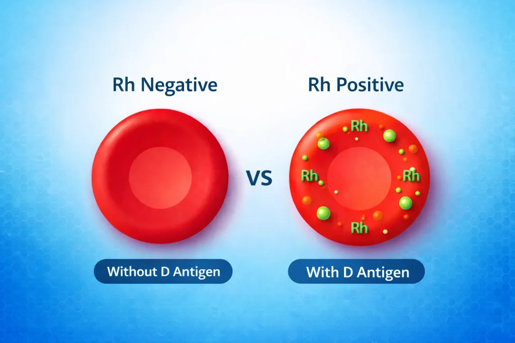 rh positive vs rh negative blood showing presence and absence of d antigen in red blood cells