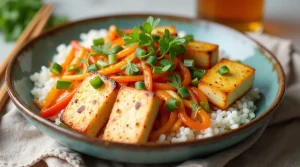 fortified tofu with vitamin d in a healthy rice bowl