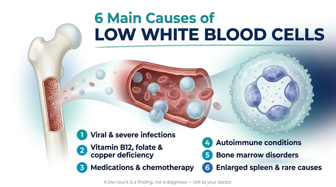 Infographic showing 6 main causes of low white blood cells, illustrating bone marrow production, blood flow, and a microscopic white blood cell.