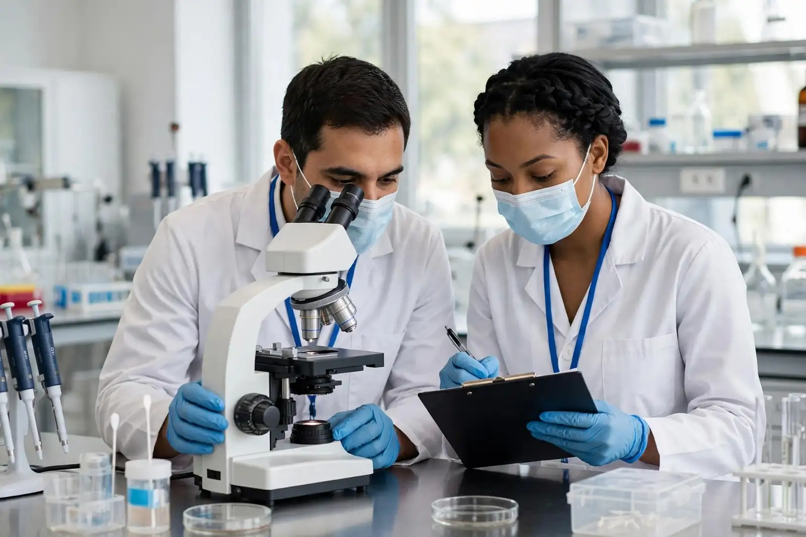Two medical laboratory technologists examining a sample under a microscope in a clinical laboratory